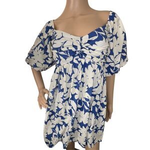 Trixxi Blue And White Puffy Floral Mini Dress With Off Shoulder Sleeves